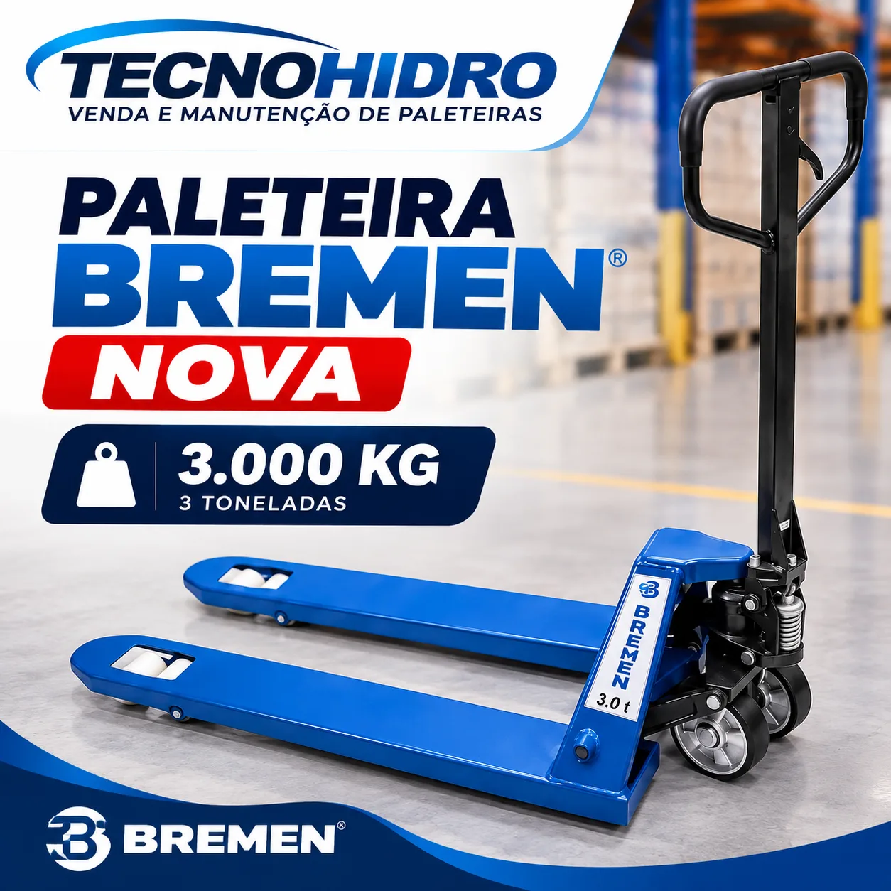Paleteira Bremen nova de 3 toneladas (3.000 kg) comercializada pela TECNOHIDRO em Guarulhos