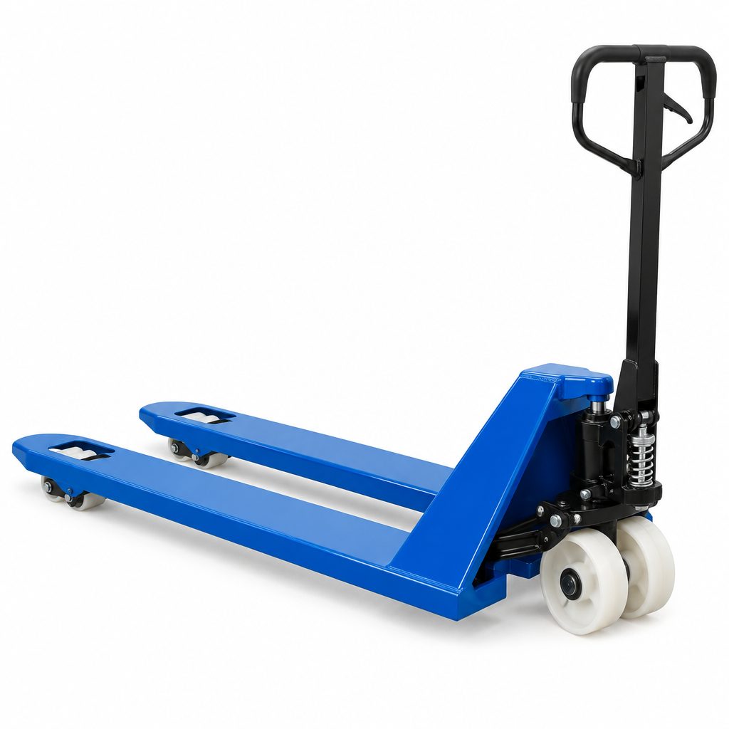 Paleteira manual azul hidráulica vista de lado com garfos para paletes