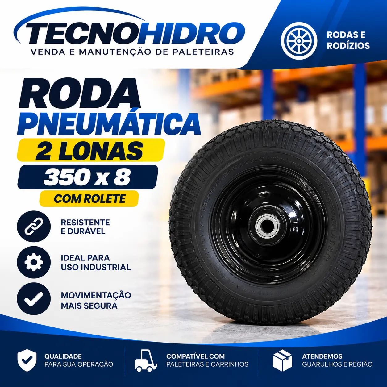 Roda Pneumática 2 Lonas 350 x 8 com Rolete – SJRP358