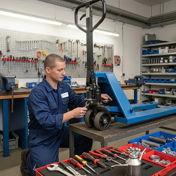 Técnico uniformizado realizando manutenção hidráulica de paleteira azul na bancada da oficina