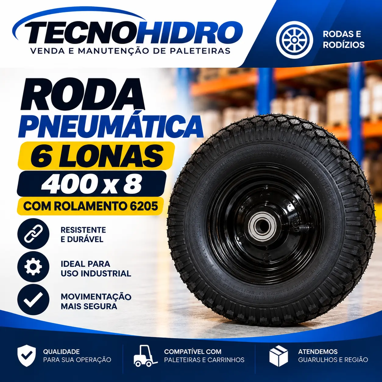 Roda Pneumática 6 Lonas 400 x 8 com Rolamento 6205