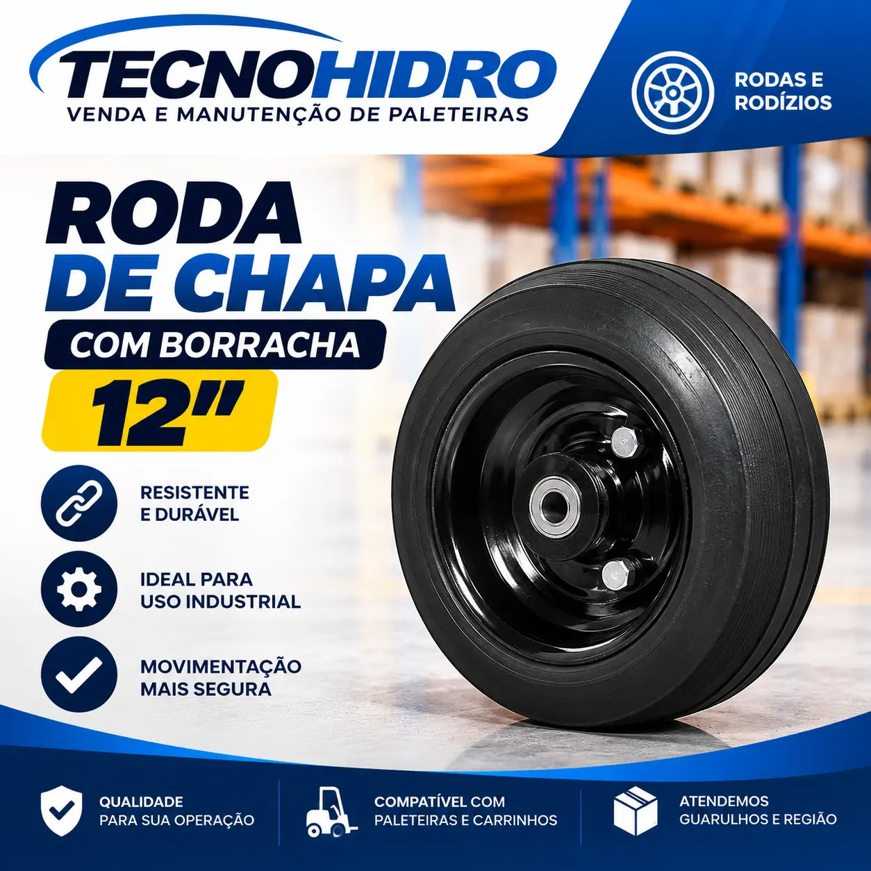 Roda de Chapa com Borracha Perfil Reto 12" – SJRM12