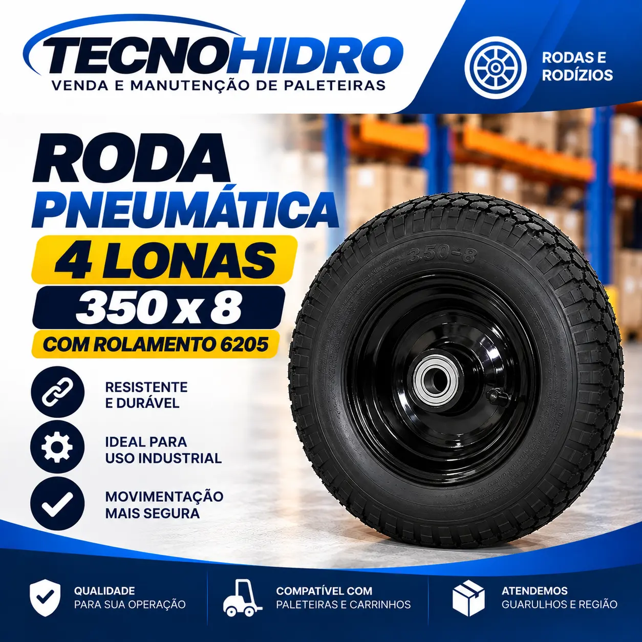 Roda Pneumática 4 Lonas 350 x 8 com Rolamento 6205